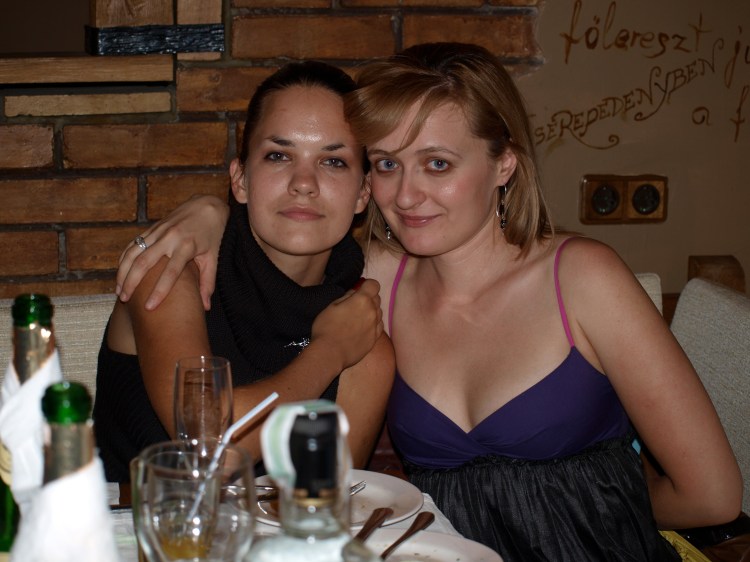 Rita on the left, me on the right, drinkies in between